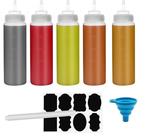 Chetexus 12 oz klämflaska, 5-pack 360 ml kryddpressade såsflaskor, plastdispensrar med mått för ketchup, grillning, såser, sirap, dressing