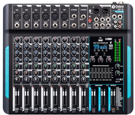 Mesa de mezclas DJ DP-10 profesional 10 canales – Mezclador de audio con USB y 99 efectos DSP – Interfaz para podcast, karaoke y sonido en vivo