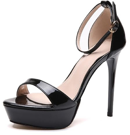 Scarpe con Tacco E Plateau A Spillo Peep Toe Pumps Cinturino alla Caviglia Fibbia Sandali 12cm da Matrimonio Ufficio Feste Sexy Scarpe (Nero,37)