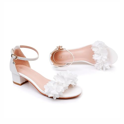 Zenithia Sandalias de tacón de bloque medio bajo con punta abierta,flores elegantes,sandalias con correa de tobillo de tacón grueso para fiesta,boda,novia,blanco