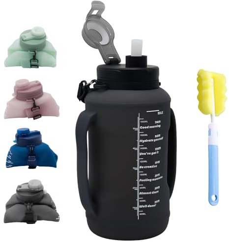 LELExilan 64oz Collapsible Silicone Water Bottle with Straw, BPA-Free, Foldable Travel Bottle Portable for Gym, Hiking, Camping (Black)