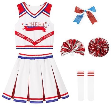 LOLANTA Cheerleader Kostüm Kinder Rot, Faschingskostüm Mädchen Cheerleader mit Pompoms Socken Kopfschmuck Cheerleading Uniform(Rot, 10-11 Jahre, Tag 150)