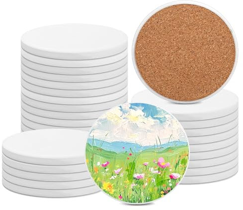 APACALI Ceramic Coasters Set of 25, 10 x 10cm / 4 x 4Inch Ceramic Tiles, Round Ceramic Coasters with Cork Backing Pads, Sublimation Coasters Blank for Inks Art Painting DIY, 7mm Thick