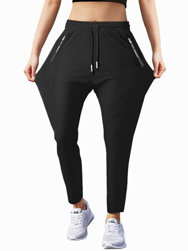 Hidkat Women's Outdoor Hiking Pants Lightweight Comfortable Breathable Quick Dry Stretchy Running Athletic Pants with Zipper Pocket Black