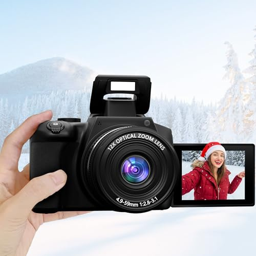 【12X Optischer Zoom Digitalkameras für Fotografie】72MP 4K UHD Autofokus Kompaktkameras mit WiFi - 180° Flip Screen & 64GB SD-Karte für Anfänger YouTube Vlogging Creator Outdoor Travel Schwarz