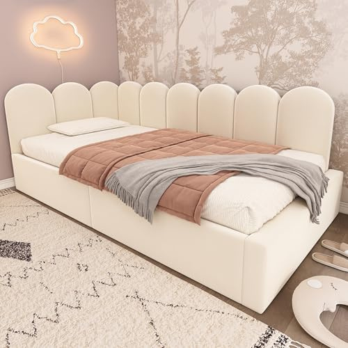 Zepneiy Lit Enfant 90x200 avec Espace de Rangement hydraulique, Canapé lit avec parois latérales interchangeables, Lit Rembourré avec sommier à Lattes, Velours Beige (sans Matelas)