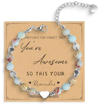 Bracelet Femme Pierre Naturelle avec Perles et Pendentif Cœur – Cadeaux de bijoux fantaisie, Fête des Mères, amoureux, Noël, – Idée Cadeau pour Grand-mère, Maman, Amie, Sœur, Nièce, Collègue
