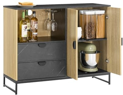 SoBuy Küchenschrank Sideboard Kommode mit Mikrowellenfach (Ø6 cm) und Lamellentür Mikrowellenschrank Buffetschrank Mehrzweckschrank Möbel für Küche & Wohnzimmer Eiche-Schwarz 107×40×85 cm FSB103-N