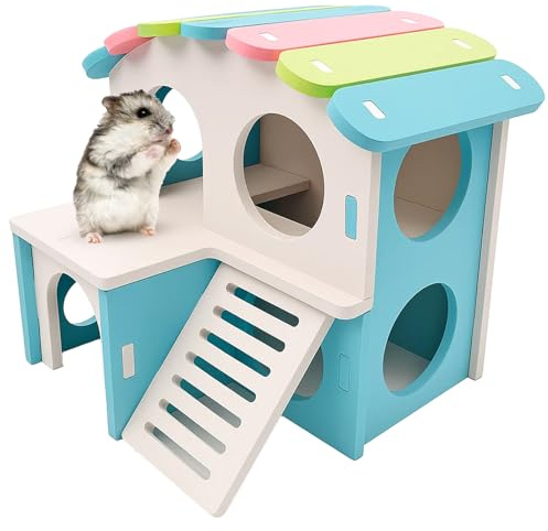 ARROMI Blue Hamster House, Wooden Hamster Hideout with Platform, Large Cage Accessory for Small Pets, Durable Hamster Bed and Play Area