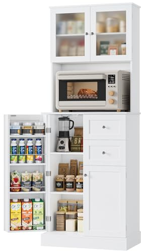 HOCSOK Armario de cocina de 182,5 cm con 2 puertas de cristal, armario alto con 4 puertas y 2 cajones, armario multiusos para cocina, comedor, sala de estar, color blanco