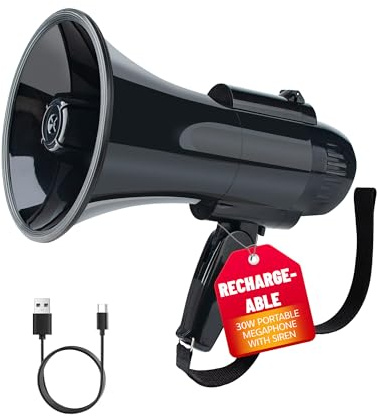 Loudmore 30 Watt Black Rechargeable Megaphone Bullhorn Speaker, Siren and 240s Recording, Portable Megaphone with Strap and Type-C Charging (Black)
