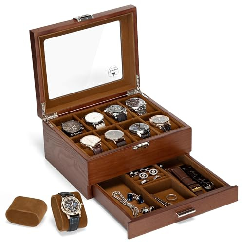 Slege Porta Orologi in Legno a 8 Posti,Scatola Portaorologi a 2 Livelli,Fatto Mano Elegante Scatola per Orologi,Coperchio in Vetro,Fodera Morbida,Cuscini Rimovibili,Regalo per Uomini e Donne,Watch Box