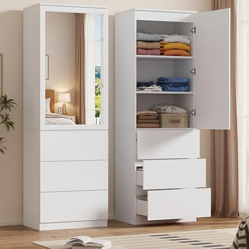 Armadio Camera da Letto con specchio Armadio Contenitore con 3 Ripiani e 3 Cassetti Salvaspazio Armadio Guardaroba Armadio Contenitore per camera da letto, corridoio o studio 40 x 50 x 180CM Bianco