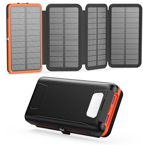 Cargador Solar 20000 mAh - A ADDTOP Batería Externa Solar Carga rápida 3 Salidas con 4 Paneles solares Plegables Cargador portátil para teléfonos móviles, iPhone 17 16 15 14 13 12 11 tabletas Naranja