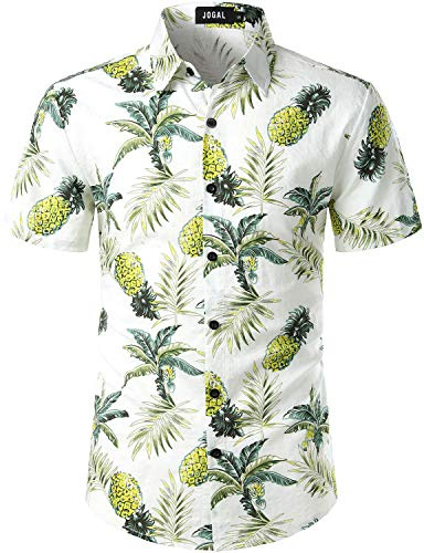 JOGAL Camicia hawaiana da uomo casual floreale floreale a maniche corte Ananas bianco. XL