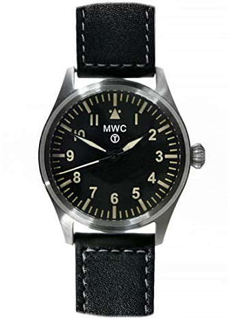 MWC Classic Pilot - Reloj unisex híbrido de 40 mm, cuarzo, acero y cuero negro, estilo aviador militar, negro, Correa