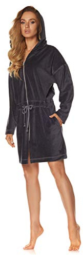 L&L - 9118 Peignoir avec Fermeture Eclair Peignoir Doux, Chaud et Court pour Femmes. Robe de Chambre Zippée à Capuche pour Femme. (Graphite, Large)