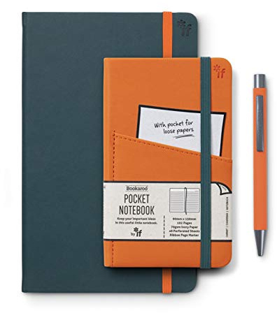 IF Bookaroo Carnet de notes A5 et A6 avec stylo assorti Bleu sarcelle et orange Couverture rigide avec fermeture élastique Ruban A5 21,5 x 13,5 cm 192 pages A6 15,5 x 9,5 cm Stylo à bille avec encre