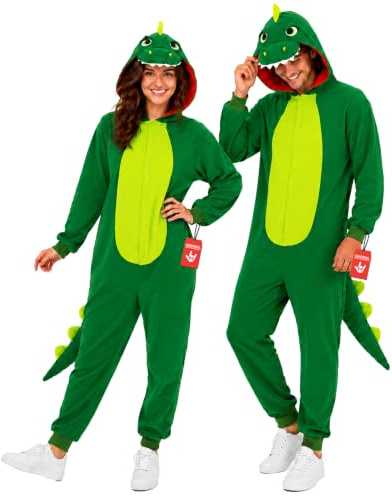 Morph Dinosauriedräkt Vuxna - Grön Fleecejumpsuit med Huva, Filtade Tänder, Taggar & Svans, Halloween Fest, L
