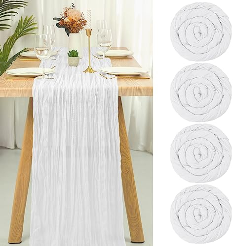 Teruntrue Lot de 4 chemins de Table en étamine Blanc, Nappe en Gaze Semi-Transparente 13 Pieds décorations rustiques pour Fournitures de fête de Mariage de Cuisine (Blanc, 400cm)