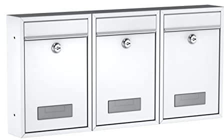 BASI | 3er Set Briefkasten | Wandbriefkasten Kompaktbriefkasten | DIN B5 | Namensschild jeweils 2 Schlüssel | Befestigungsmaterial | Briefkastenanlage | Stahlbriefkasten | Weiß Matt | 3 Stück