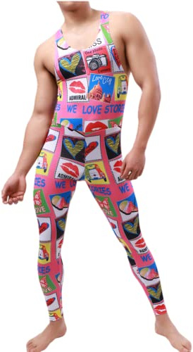 Juflam Traje de lucha libre para hombre, estampado de una pieza, estilo atlético, leotardo, gimnasio, ropa interior, chaleco, Rosa., XL
