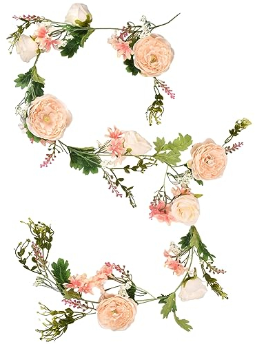 Artificial Flowers Garland, 180CM Fake Peony Rose Flower Vine, Faux Floral Plants Hanging Garlands for Home Garden Office Hotel Wedding Ceremony Party Decoration (Champagne)