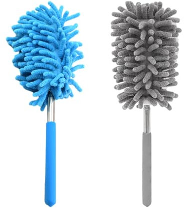 Plumero de 2 piezas, herramienta de polvo de microfibra, cepillo retráctil, polvo de resorte para limpiar polvo, mantas, telarañas, etc.