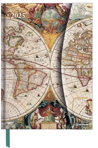 N NEUMANNVERLAGE - Antique Maps 2025 Diary - 16 x 22 cm - Agenda de poche avec fermeture magnétique et ruban marque-page - Poche pour cartes de visite, calendrier annuel et international : Magneto