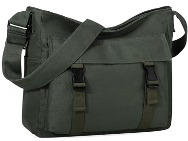 VASCHY Bolso Bandolera Mujer de Lona Grande, 38 x 15 x 32 cm, Múltiples Bolsillos y Correa Ajustable, Estilo Vintage para Universidad y Viaje, Verde