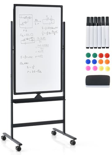 GOPLUS Tableau Blanc Effacable 2 Face 60 x 100 CM avec Hauteur Réglable 156-184 CM, Tableau Blanc Magnetique sur Pieds Rotatif à 360° avec 4 Roue, 1 Effaceur, 12 Aimant, 6 Marqueur, Idéal pour École