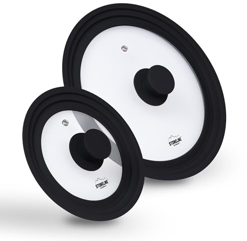 STONELINE 3 in 1 Coperchio Universale Set 2 Pezzi per Pentole e Padelle da 16/18/20 e 24/26/28 cm Coperchio in vetro Universale Bordo Silicone Platino Graduato, Resistente al Calore, 6 Misure, Nero
