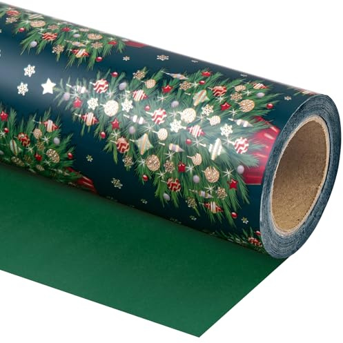 RUSPEPA Reversible Christmas Wrapping Paper - Mini Roll - 43.2cm x 10m - Green Christmas Tree Design for Chrsitmas, Holiday, Party Celebration