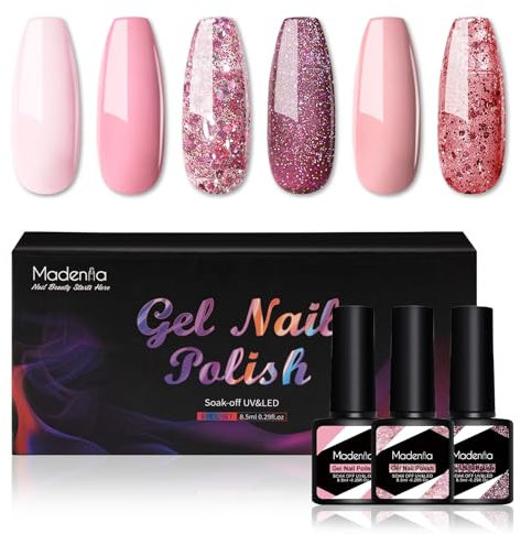 Madenia Gel Nail Polish Set: 6 Colours Pink Light Pink Glitter Nail Polish Set Soak Off UV/LED, Quick Drying Nail Varnish Nail Art DIY Manicure Salon & Home for Women, 8.5ML