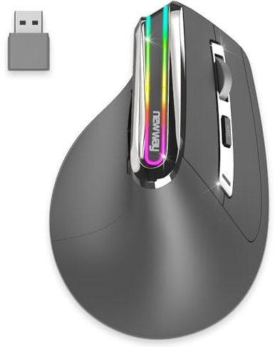 NEWWAY - 2024 Neu - Vertikale kabellose Maus A9 - WiFi 2.4 GHz Wireless USB C - Wiederaufladbar - RGB - 2400 DPI - Ergonomisch - Leise - Integrierter Nano-Empfänger 10 m - Grau