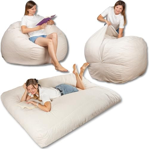 bananair - Sitzsack Bett XXL, Verwandelt Sich Mühelos In Eine Bequeme Und Weiche Bodenmatratze – Cordstoff Und Schaumfüllung – Vielseitiges Bean Bag Bed, Futon, Faltbare Matratze (Off-White)