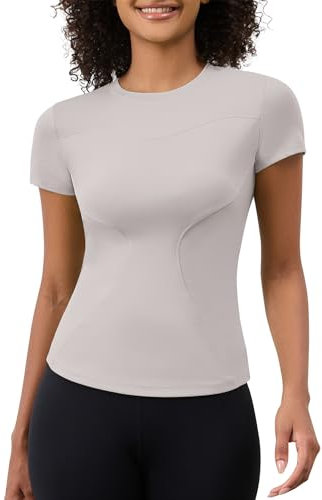 IECCP Sport T-Shirt Damen Gym Tops Kurzarm Sportshirt Rundhals Lang Atmungsaktiv Sport Oberteil Damen Laufshirt Passend für Fitness Laufen Yoga Elfenbeingrau M