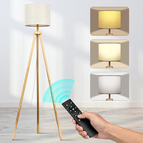 NIKYJM Stehlampe Wohnzimmer, Standleuchte LED Dimmbar, 3 Farbtemperatur Holz Stehleuchte Halbe Stunde und Eine Stunde Timerfunktion mit Lampenschirm Fußschalter für Wohnzimmer Schlafzimmer Büro