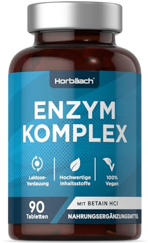 Verdauungsenzyme | Enzym Komplex Amylase, Protease, Laktase, Lipase und Cellulase | Betain HCl | 90 vegane Tabletten | Digestive Enzymes | Horbaach