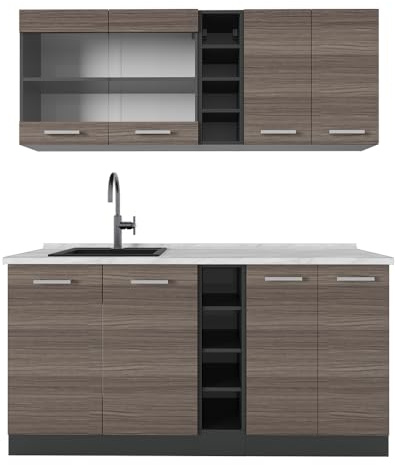 Vicco Singleküche R-Line, Edelgrau/Anthrazit, 160 cm, AP Marmor, zur individuellen Erweiterung mit zusätzlichen Modulen geeignet