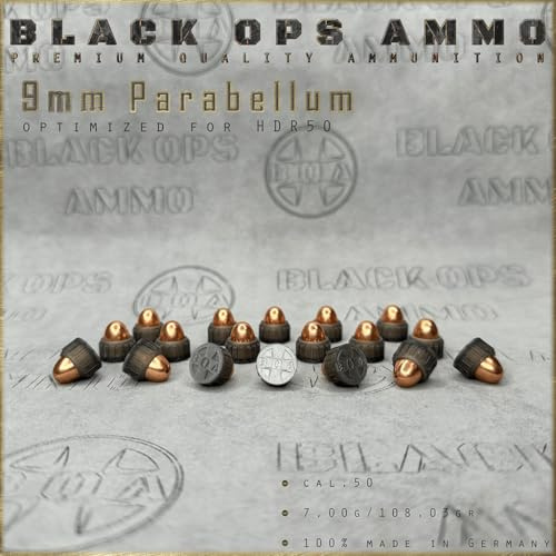 Black Ops Ammo 9 mm Parabellum Cal.50 – 18 + 2 proyectiles – Proyectiles de precisión para TR50 / HDR50 – Rendimiento de Entrenamiento y recreo