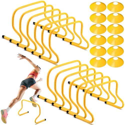 Gemscream 12 Pcs 12 Inch Agility Hurdles Training Equipment Agility Hurdles and Marker Cone Set Disc Cones Speed and Training Obstacle for Athletes Sports Soccer Football Tennis Basketball(Yellow)