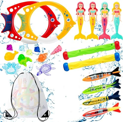 Cakuni Jouets de Plongée, Jouet de Natation pour Piscine 22 PCS avec Jouets de Sirènee, Bâtons de Plongée, Anneaux de Poissons, Torpilles, Gemmes de Plongée pour Enfant