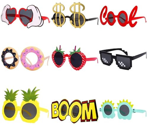 JOAASU 9 Stück Party Brille, Lustige Sonnenbrille, Party Sonnenbrillen, Lustige Hawaiianische Brillen, Witzige Sonnenbrillen, Neuheit Partybrillen für Kinder, Teenager und Erwachsene