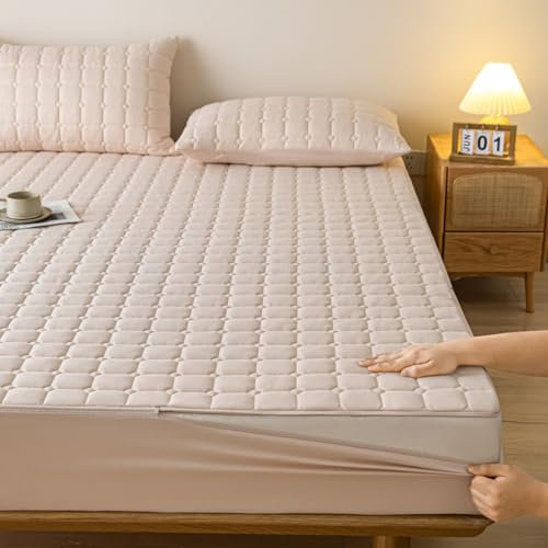 Gepolsterter Matratzenbezug mit voller Reißverschluss, anpassbare Bettwäsche Doppel-/Einzel-/Kingsize, waschbar, Anti-Staub-Matratzenbezug 360° Gesamtmatratzenabdeckung 160 x 190 + 5 cm beige
