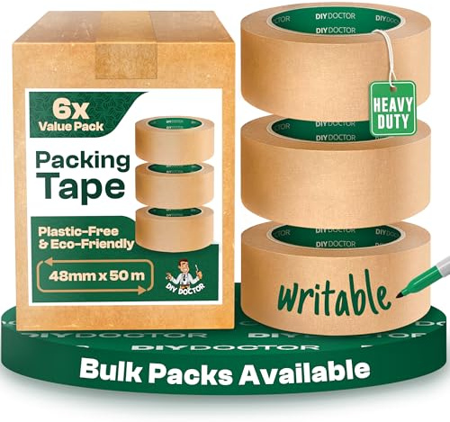DIY Doctor 6 Rolls Brown Paper Packing Tape – Eco-Friendly Kraft Packaging Tape (48mm x 50m) – Strong Paper Parcel Tape for Shipping, Boxes & DIY Projects