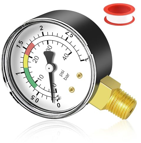 GZhaimai 1 st manometer + 1 st teflonband, tryckmätare 1/4 tum med mässingsadapter, 0–3 bar / 40 psi manometer pool för pool och fiskdamm (Ø 53 mm, svart)