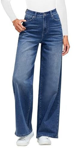 Roskiky Pantalon en jean taille haute pour femmes, coupe large, stretch, tendance 90s, avec poches, XXL