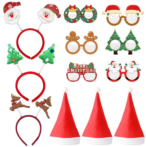 FESDMOH 12 Piezas Diadema de Navidad, gorro de Papá Noel y Gafas Decorativas Navideñas, Diadema Navideña Divertida, Accesorios Navideños para Adultos y Fiestas Navideñas