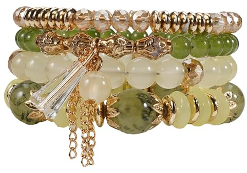 Bookay Bohemian Bracelet Sets for Women - 4-Pack Stackable Stretch Bead Bracelets with Black＆White Crystal & Gold Accessories, Multi-Layer Boho Jewelry for Holiday Gift (green)